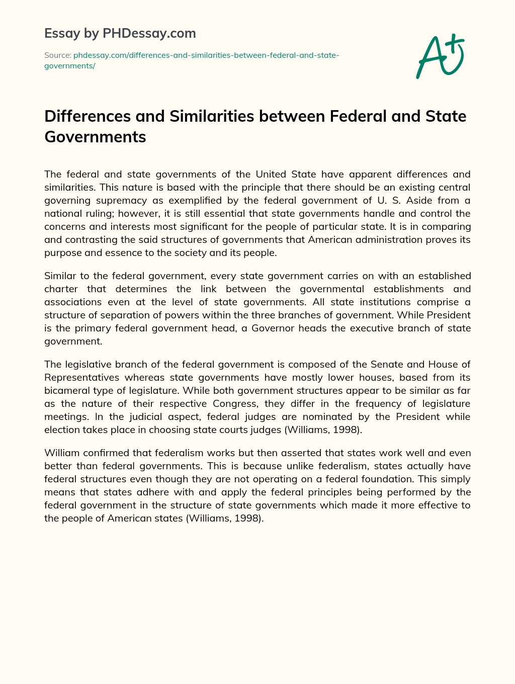 Differences and Similarities between Federal and State Governments essay