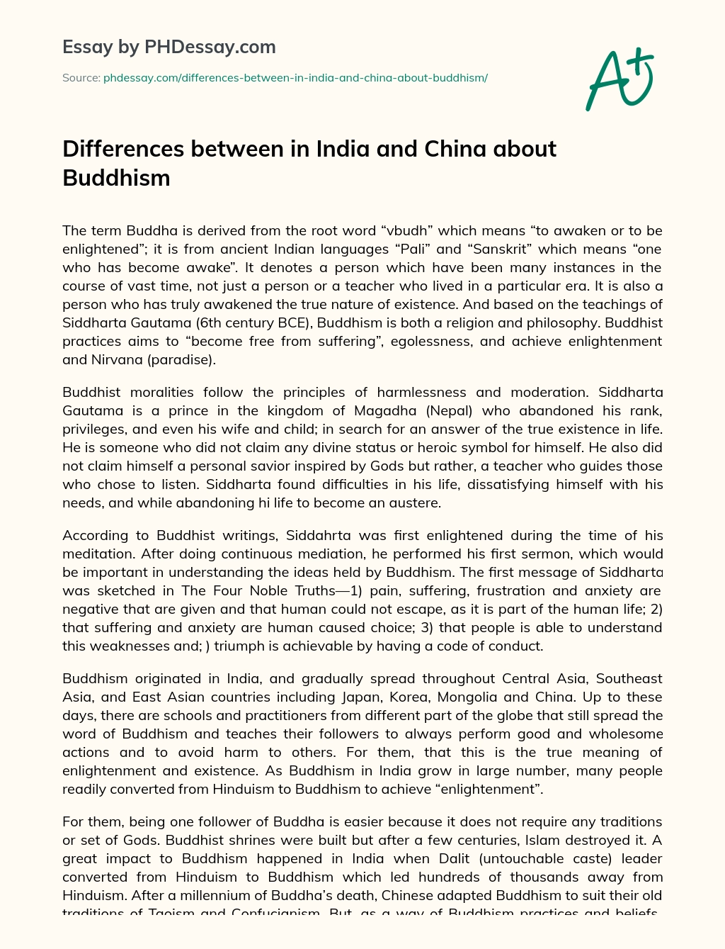 Differences between in India and China about Buddhism essay