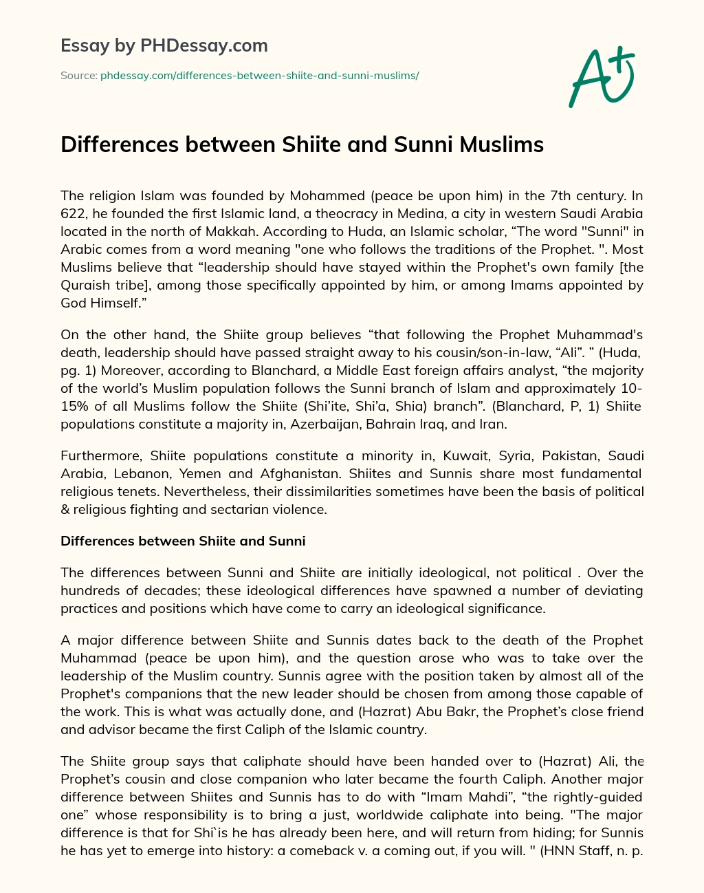 Differences between Shiite and Sunni Muslims essay