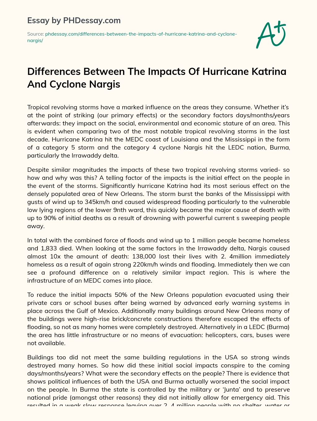 Differences Between The Impacts Of Hurricane Katrina And Cyclone Nargis essay