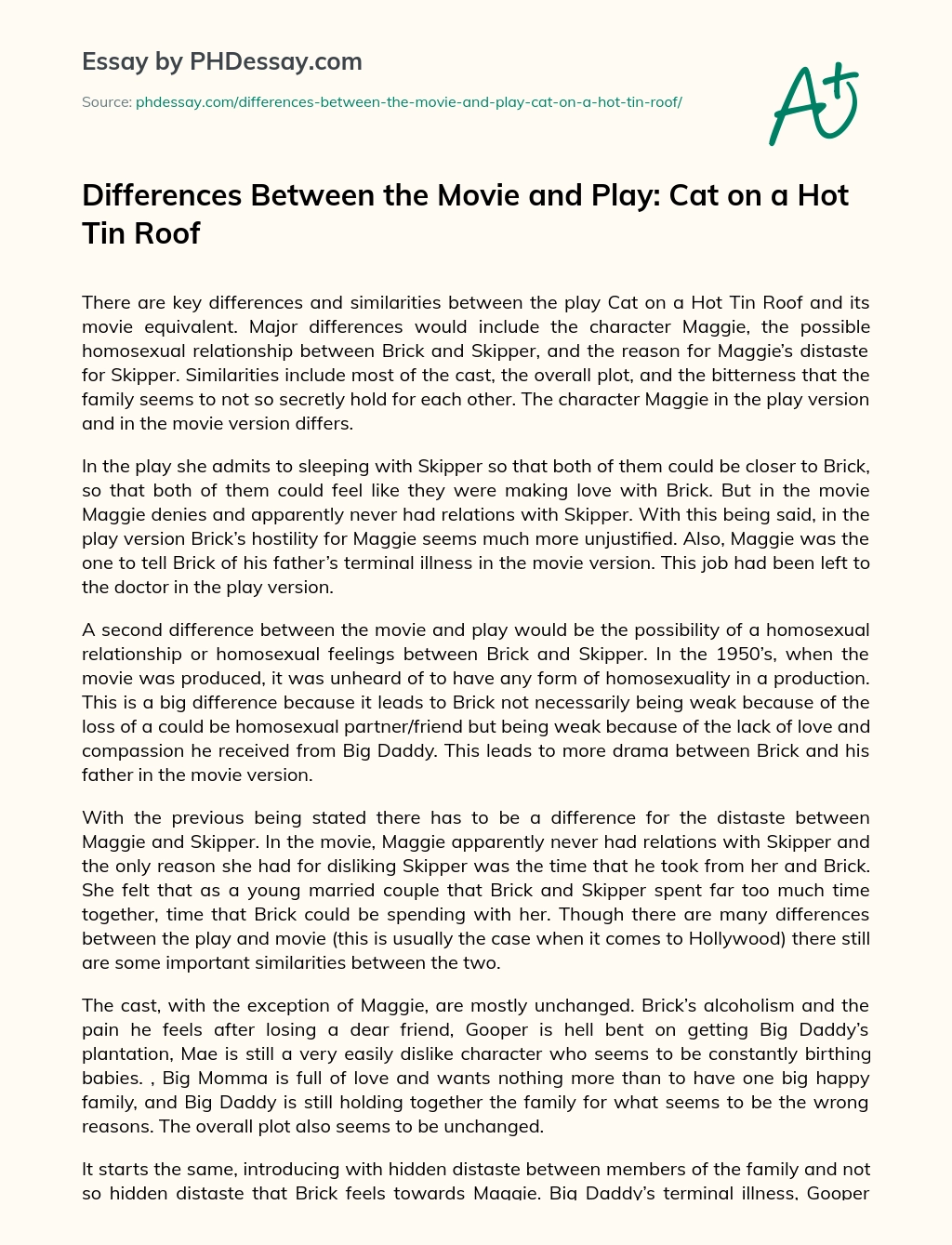 Differences Between the Movie and Play: Cat on a Hot Tin Roof essay