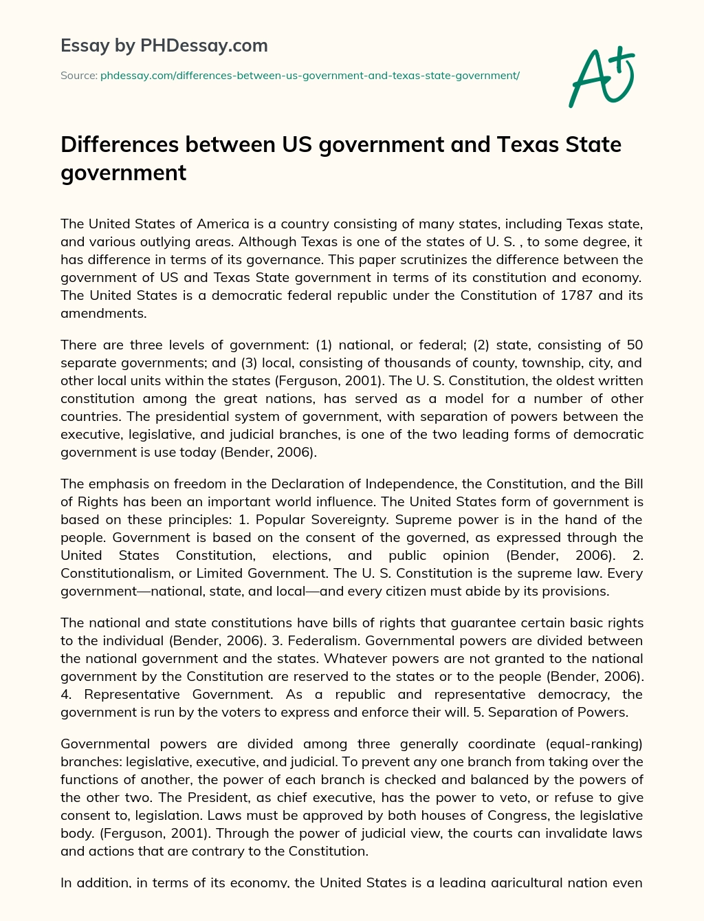 Differences between US government and Texas State government essay