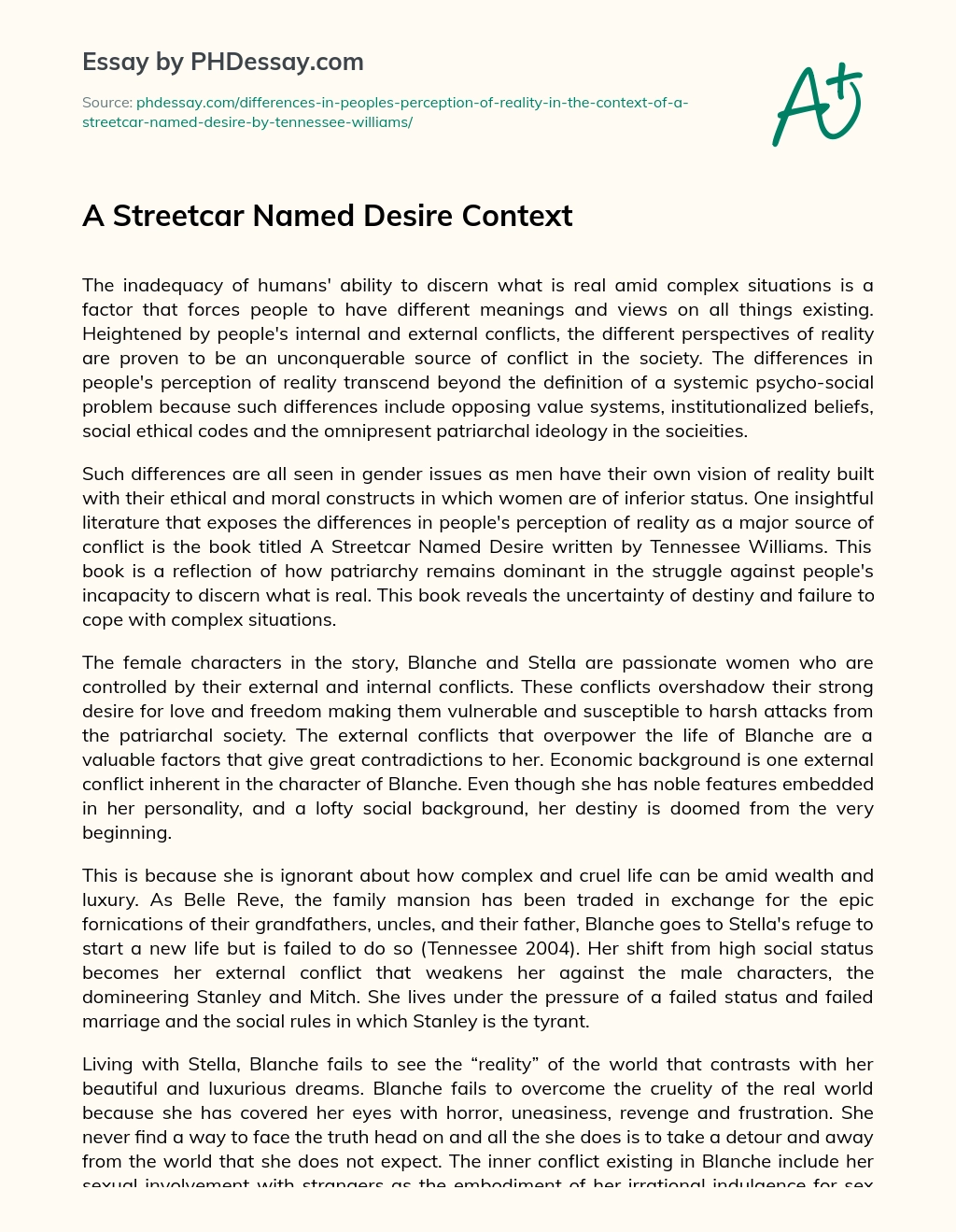 A Streetcar Named Desire Context essay