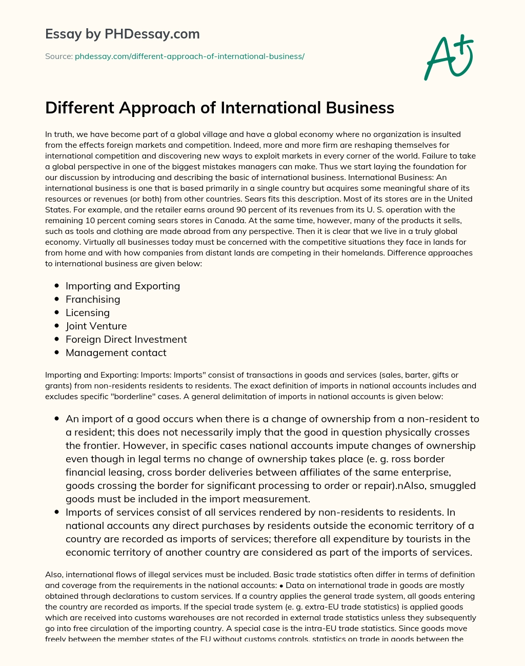 Different Approach of International Business essay