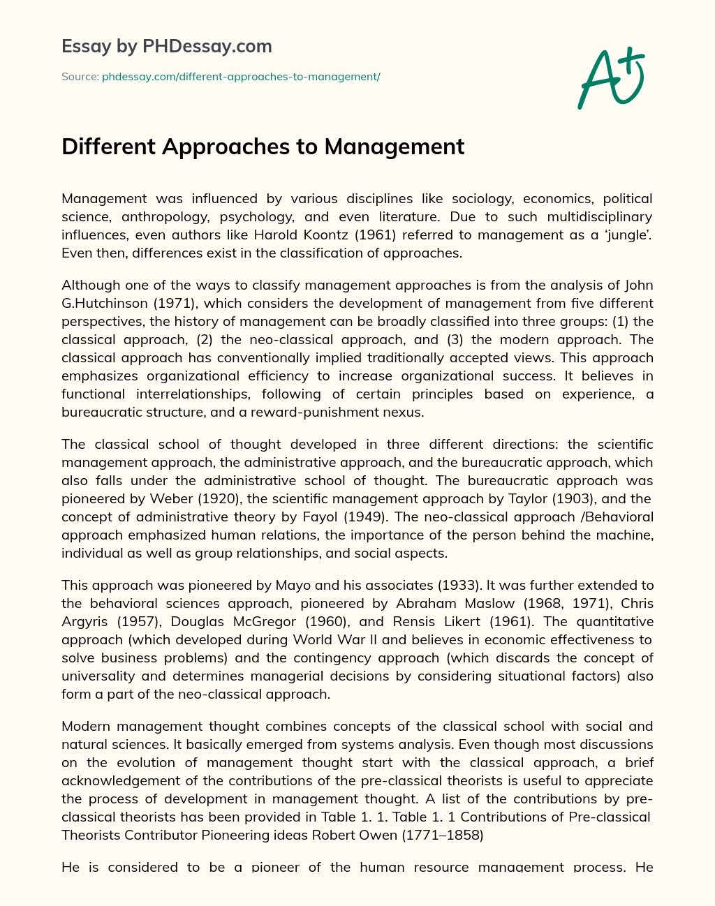 Different Approaches to Management essay