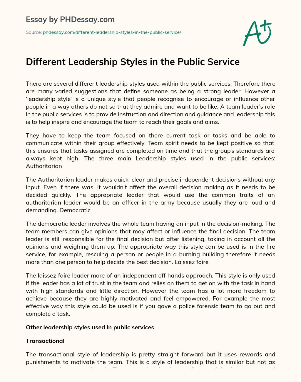Different Leadership Styles in the Public Service essay