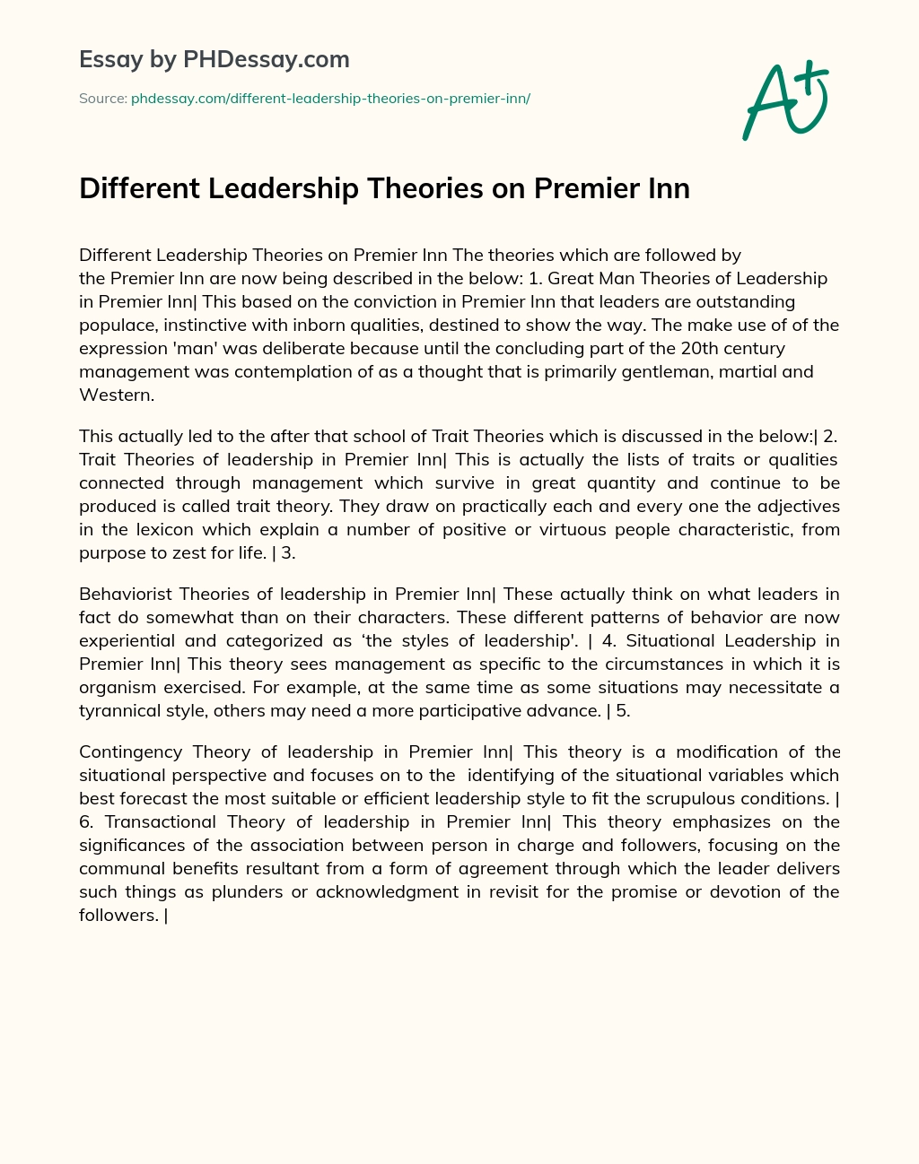 Different Leadership Theories on Premier Inn essay