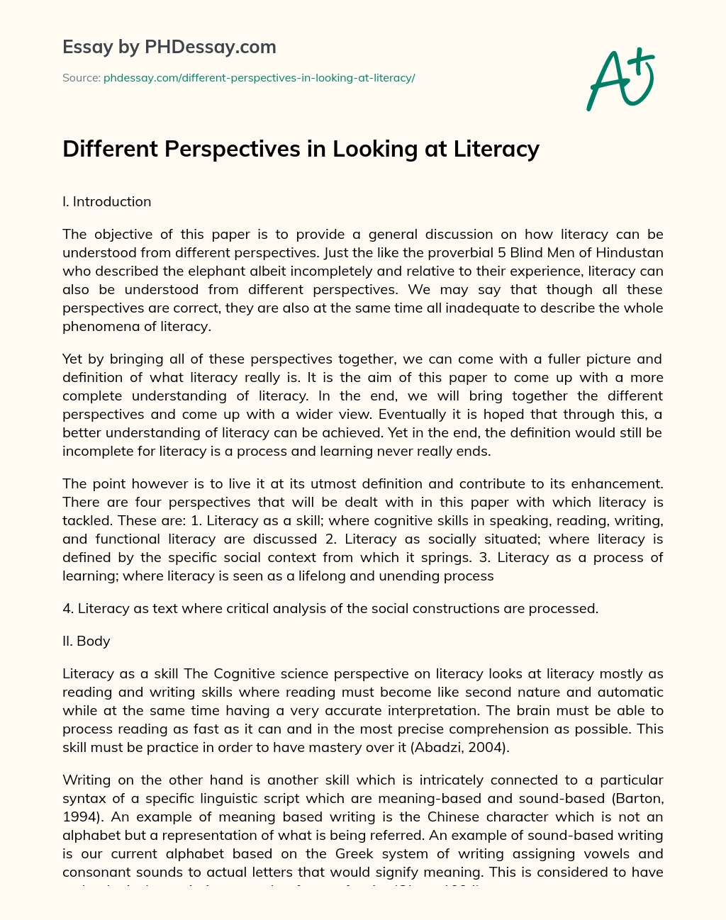 Different Perspectives in Looking at Literacy essay