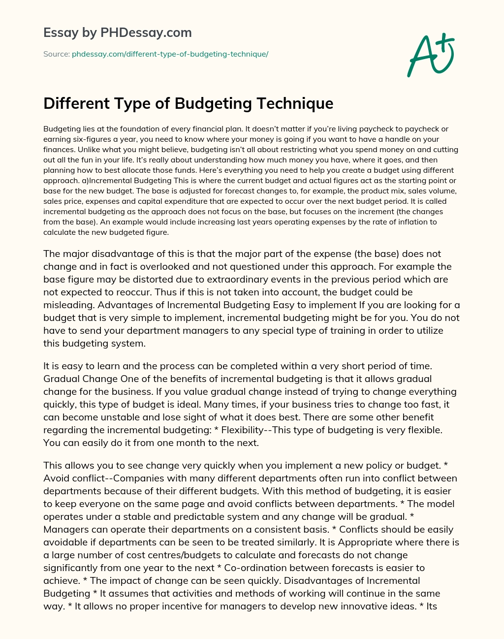 Different Type of Budgeting Technique essay