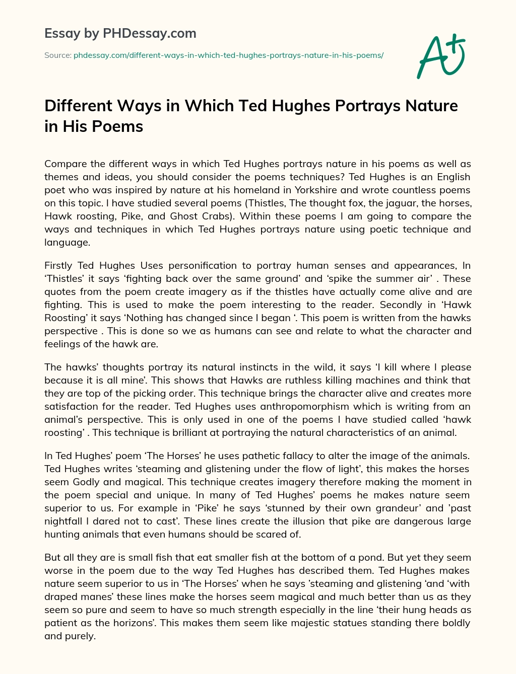 Different Ways In Which Ted Hughes Portrays Nature In His Poems Analysis  And Descriptive Essay (500 Words) 