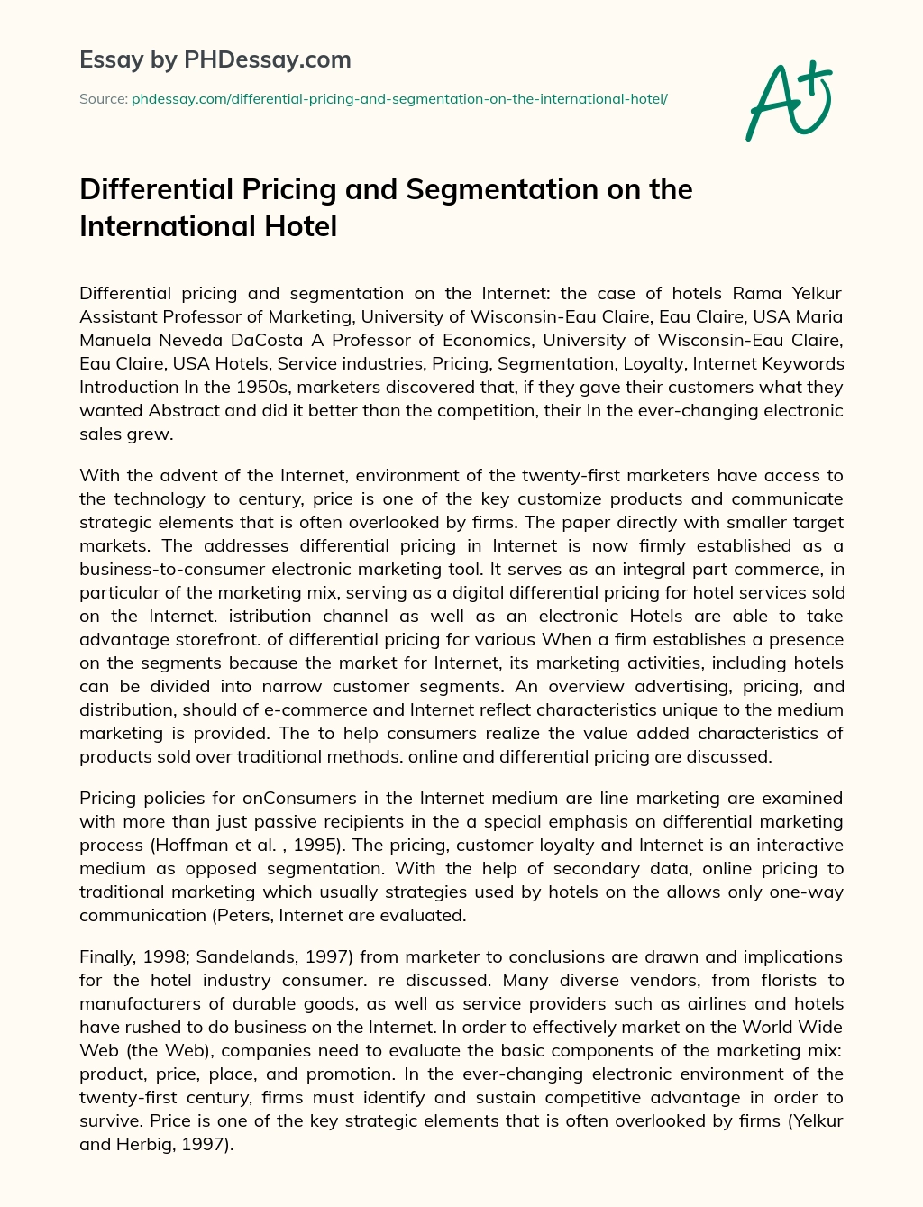 Differential Pricing and Segmentation on the International Hotel essay