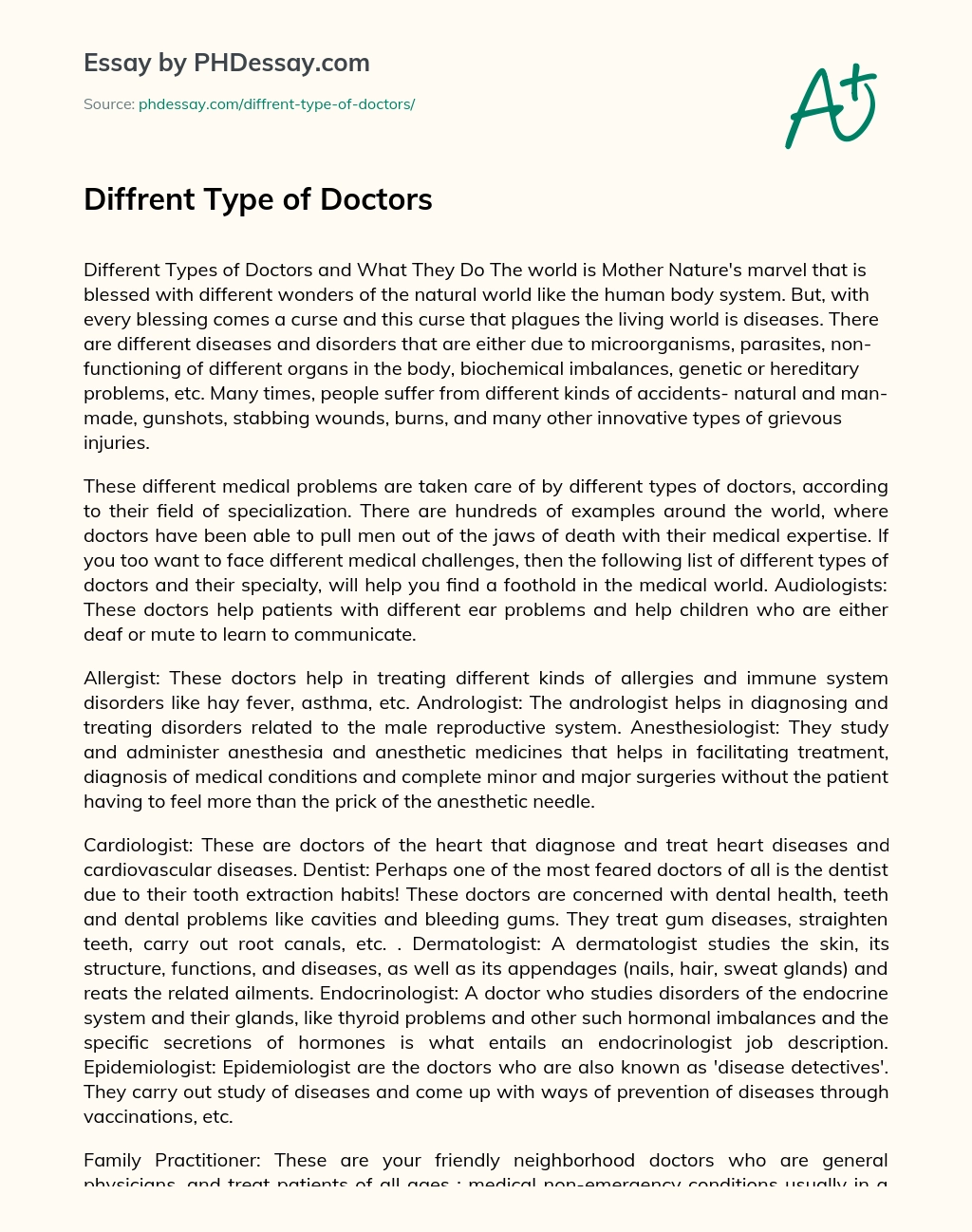 Diffrent Type of Doctors essay