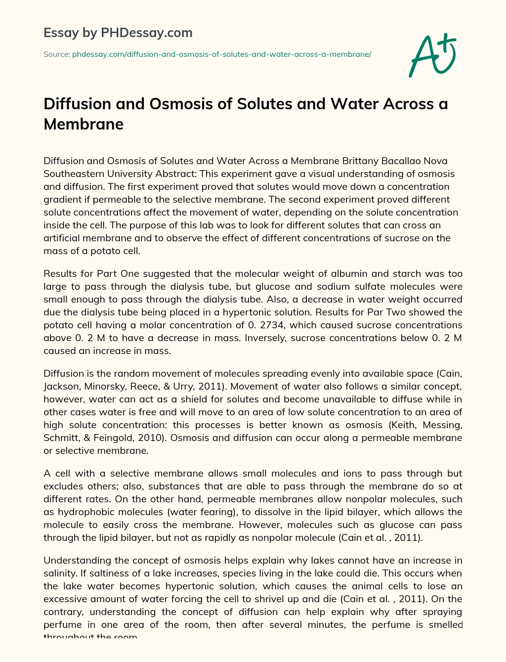 Diffusion and Osmosis of Solutes and Water Across a Membrane essay