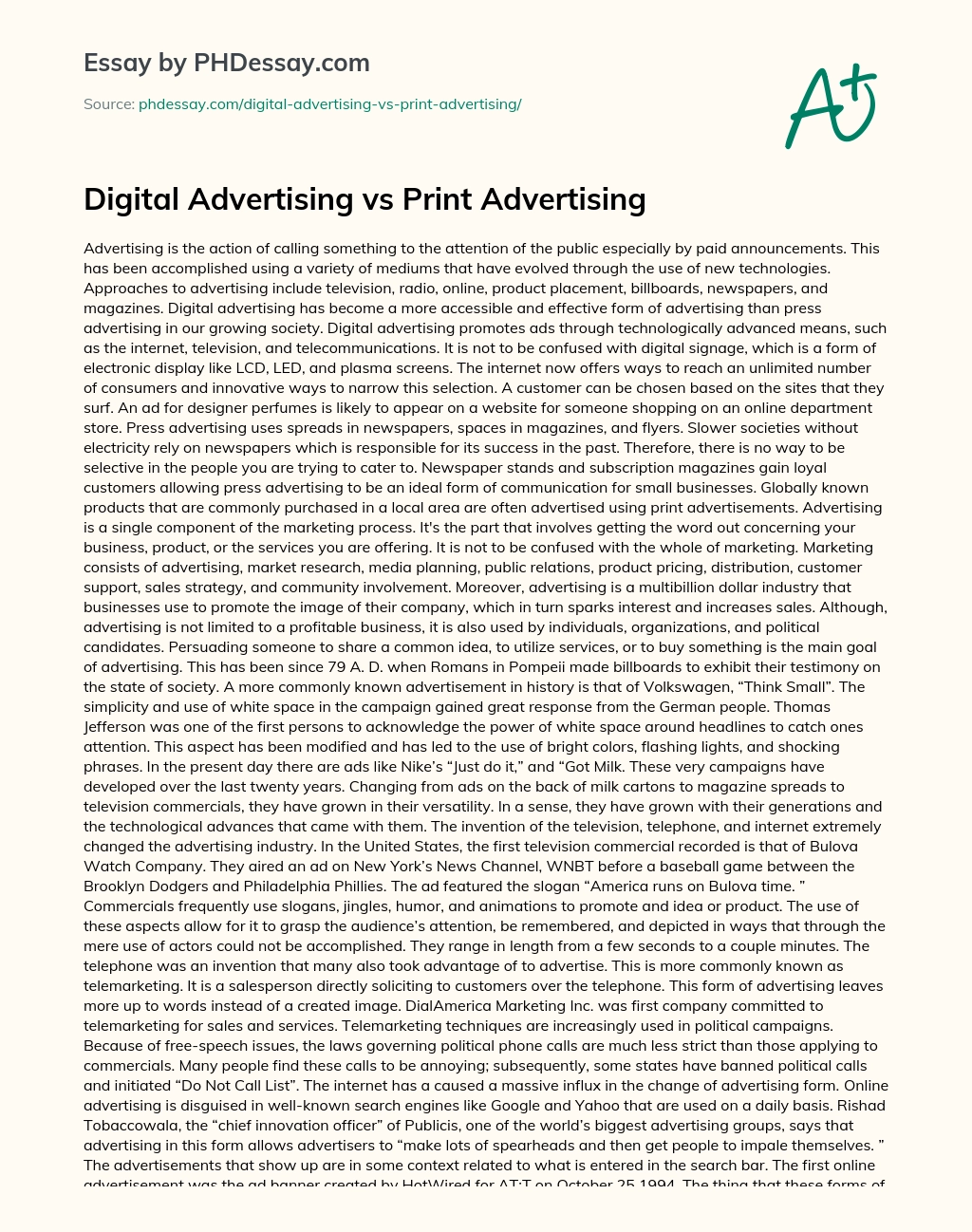 Digital Advertising vs Print Advertising essay