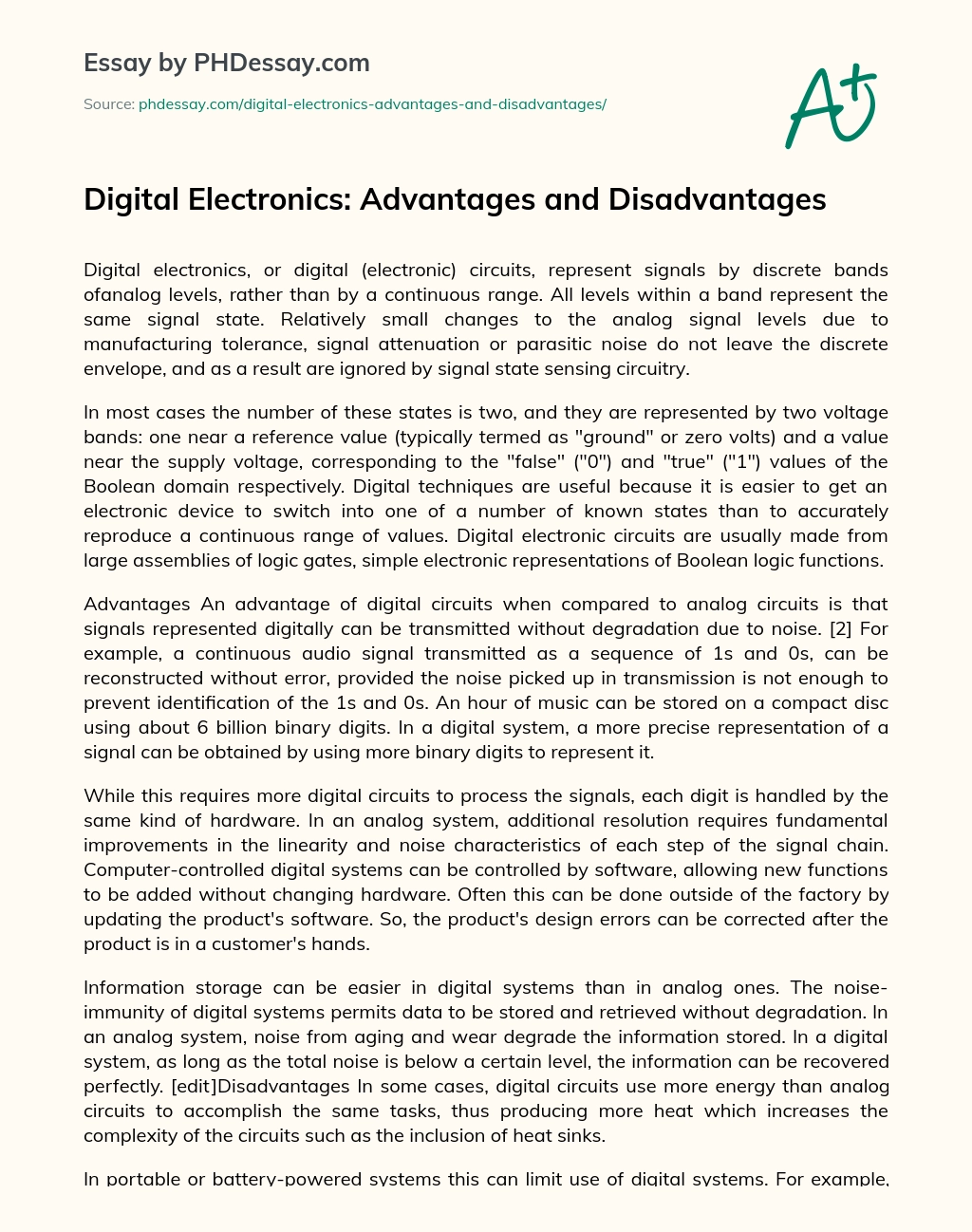 Digital Electronics: Advantages and Disadvantages essay