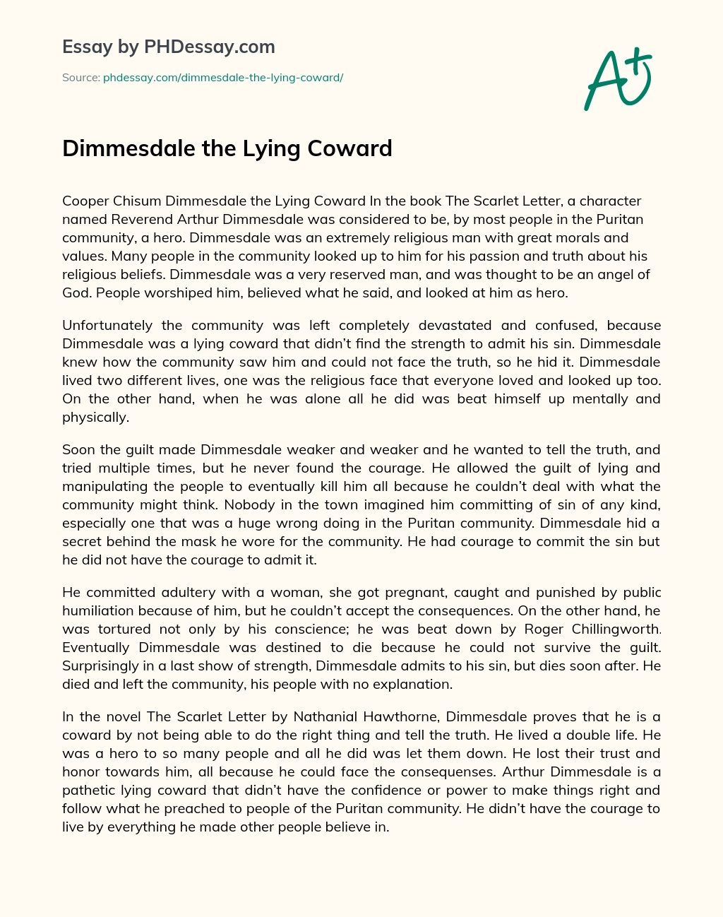 Dimmesdale the Lying Coward essay