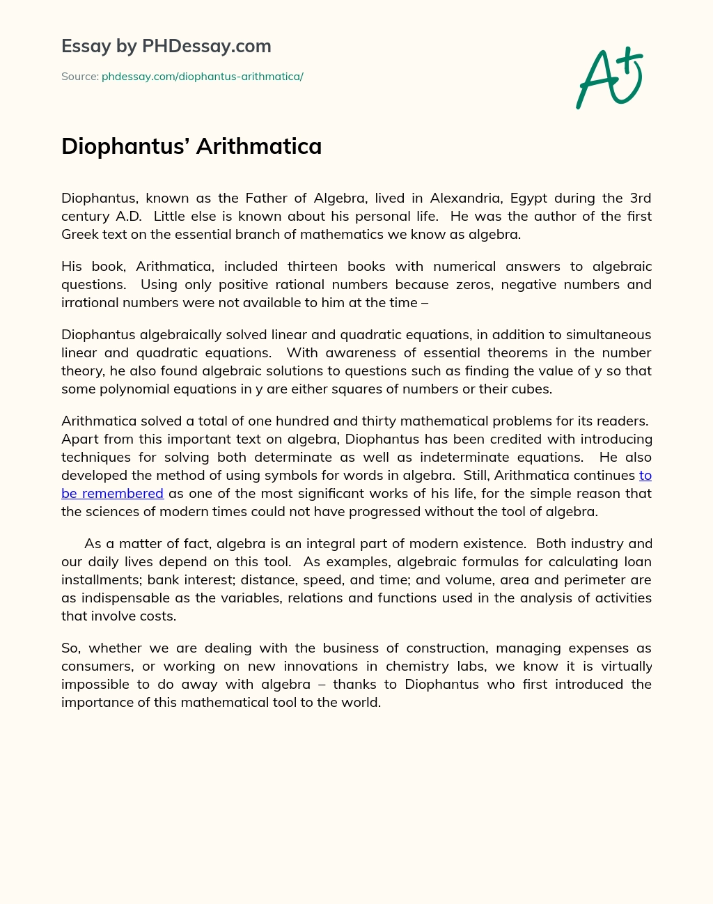 Diophantus’ Arithmatica essay