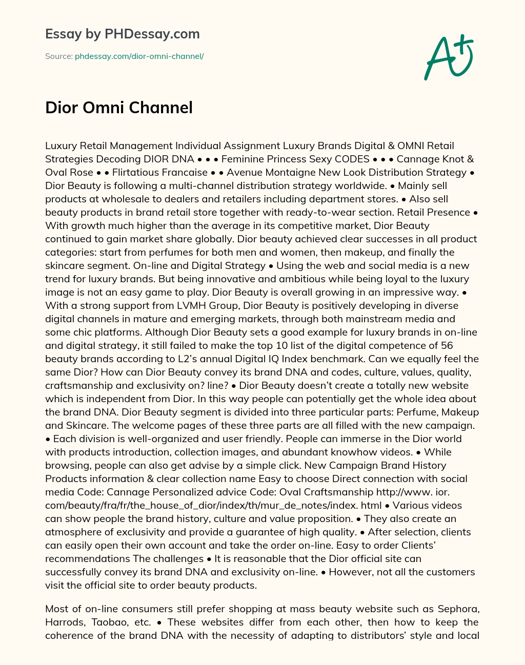 Luxury Retail Management: Dior, Omni, Channel essay