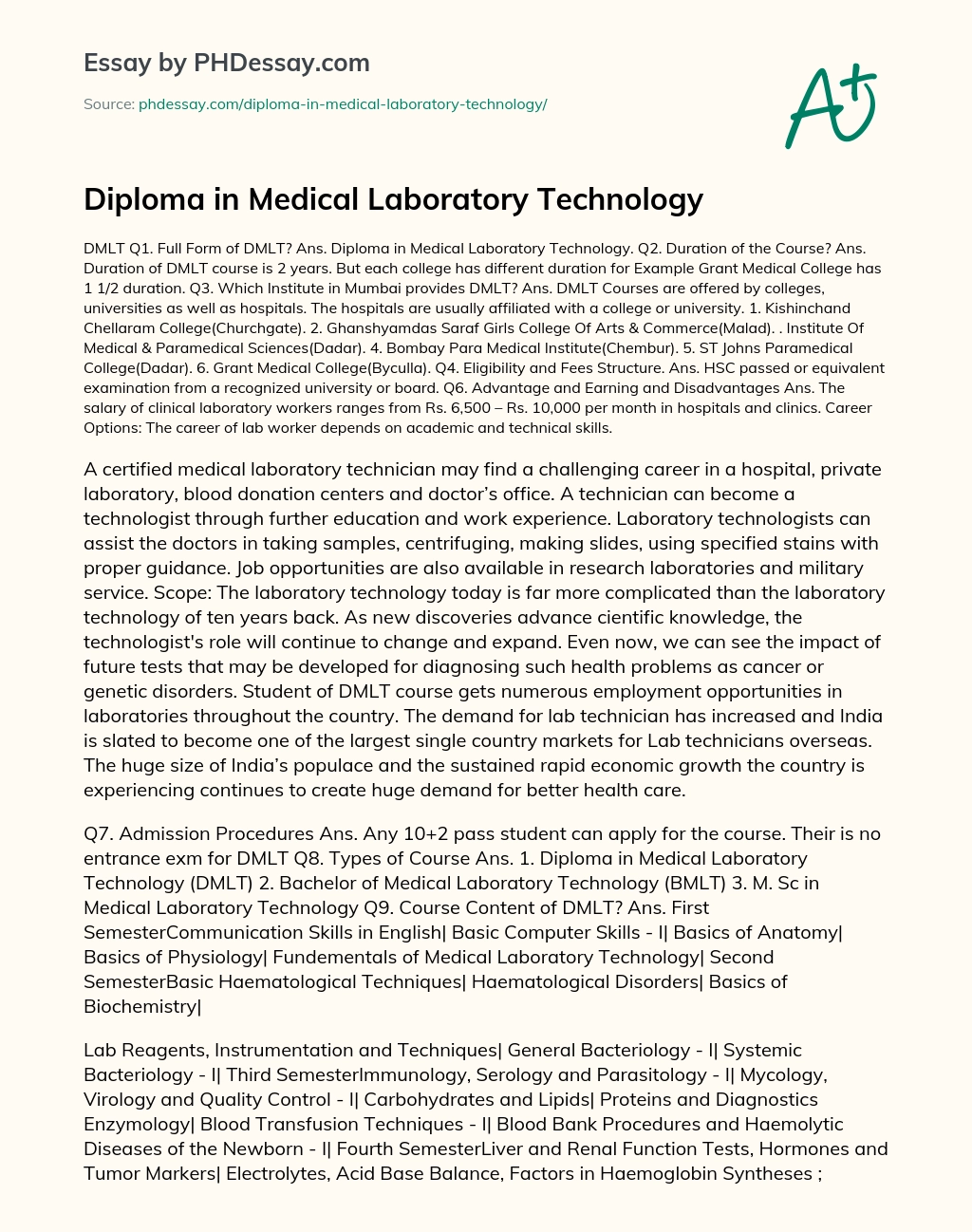 Diploma in Medical Laboratory Technology essay