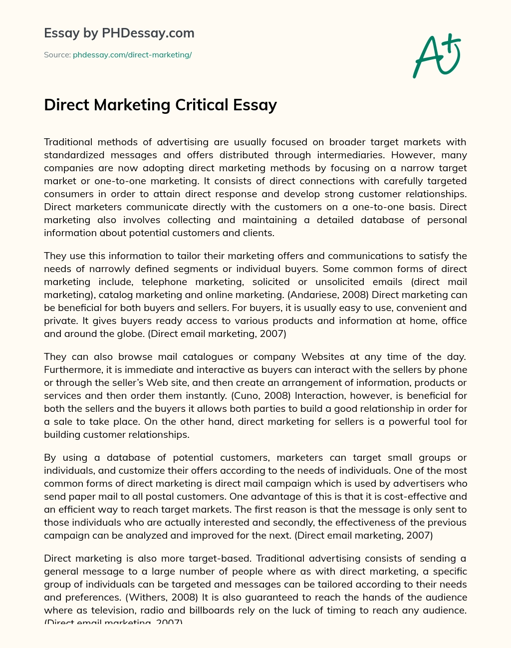 Direct Marketing Critical Essay essay