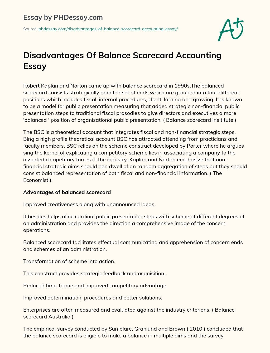 Disadvantages Of Balance Scorecard Accounting Essay essay