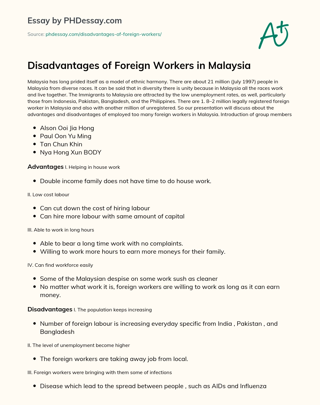 Disadvantages of Foreign Workers in Malaysia essay