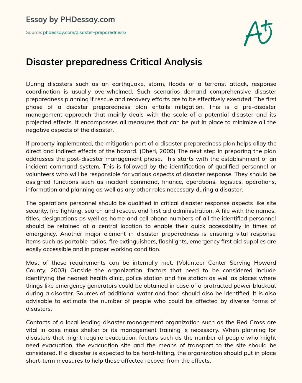 Disaster preparedness Critical Analysis - PHDessay.com