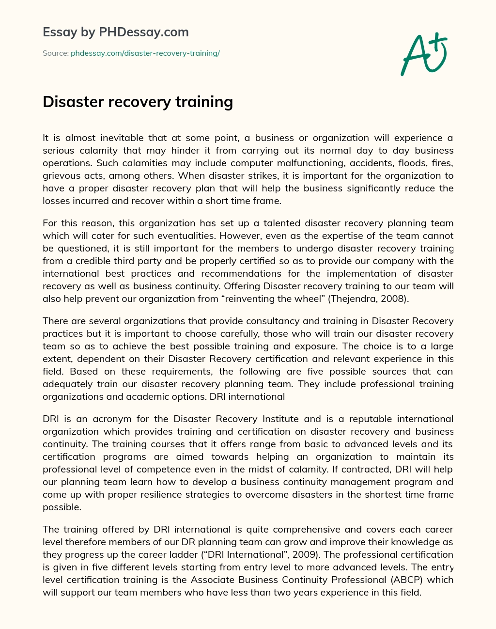Disaster recovery training essay