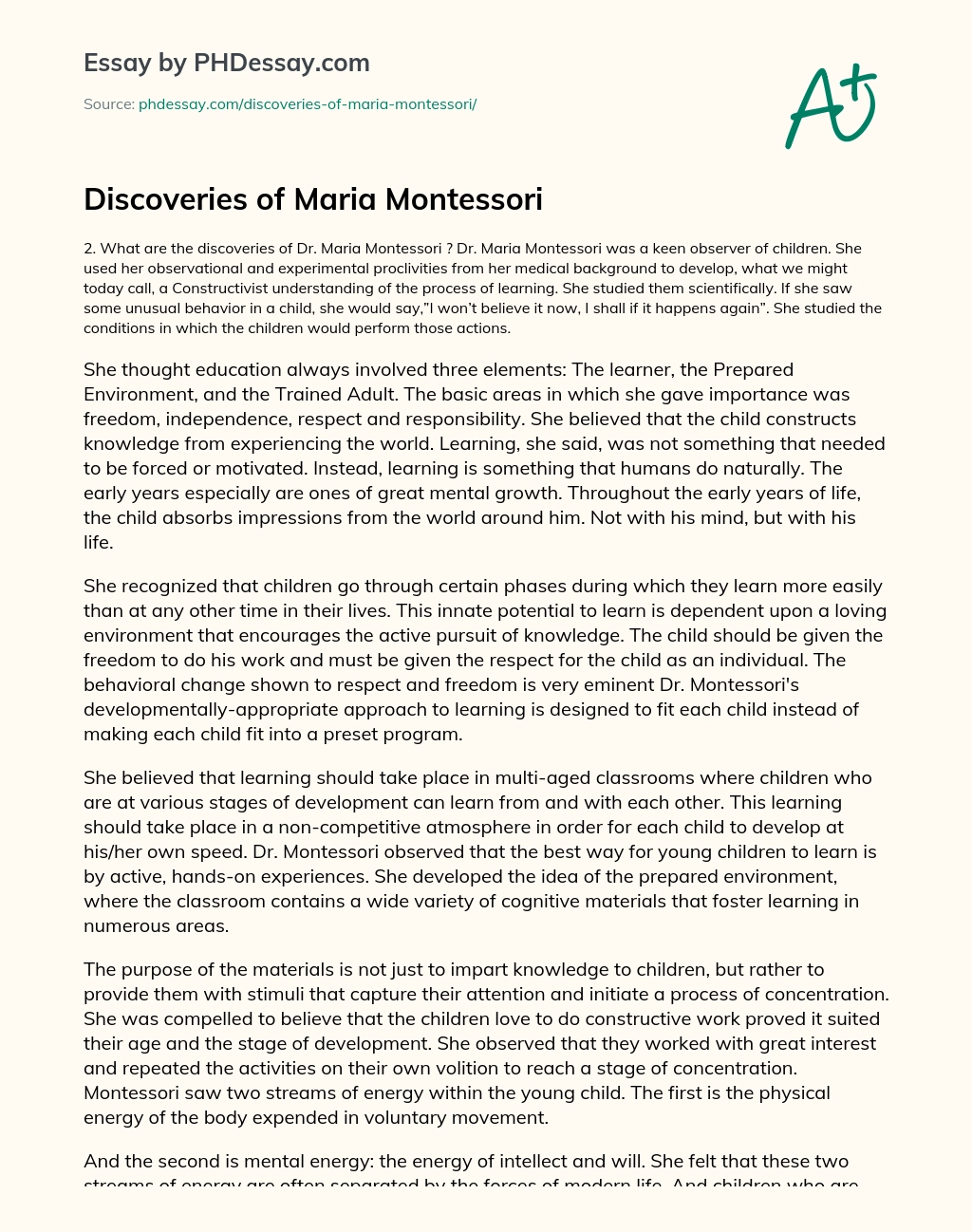 Discoveries of Maria Montessori essay