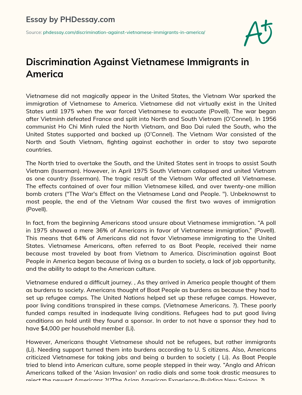 Discrimination Against Vietnamese Immigrants in America essay
