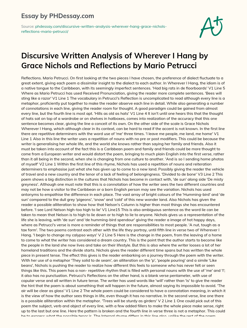 Discursive Written Analysis of Wherever I Hang by Grace Nichols and Reflections by Mario Petrucci essay
