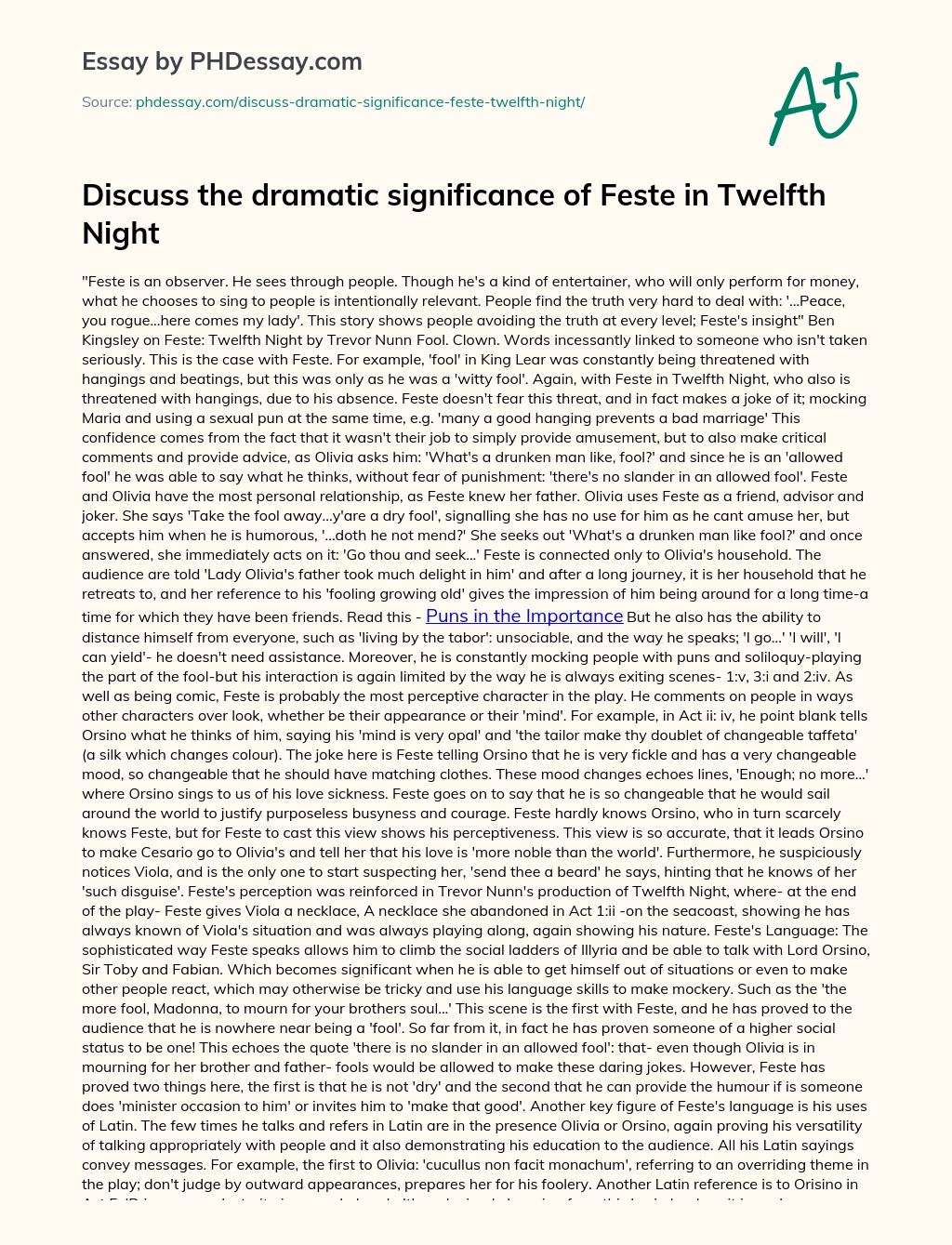 Discuss the dramatic significance of Feste in Twelfth Night essay