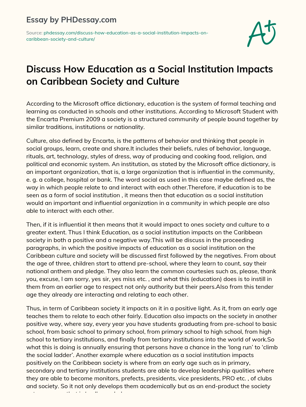 Discuss How Education as a Social Institution Impacts on Caribbean Society and Culture essay