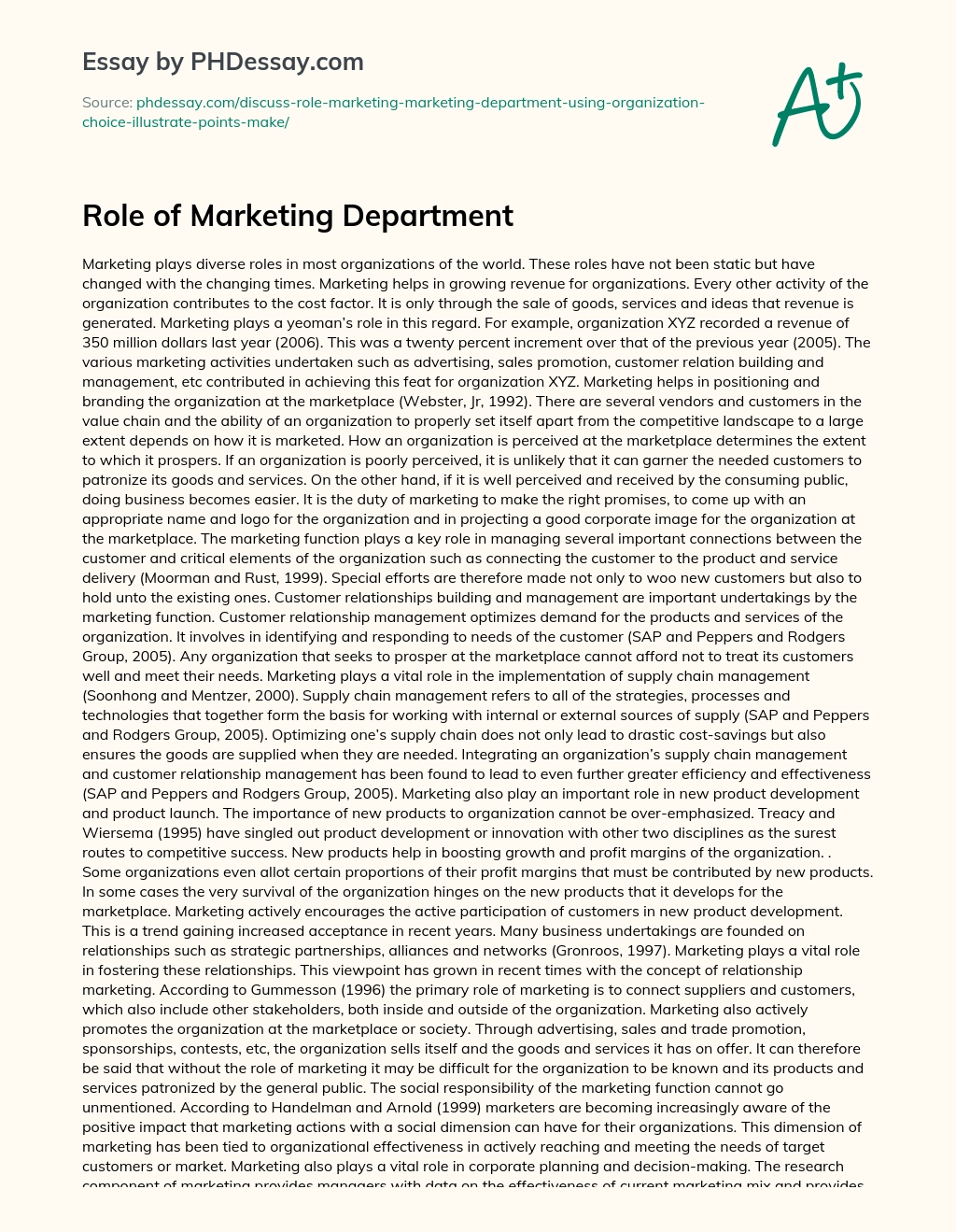 Role of Marketing Department essay