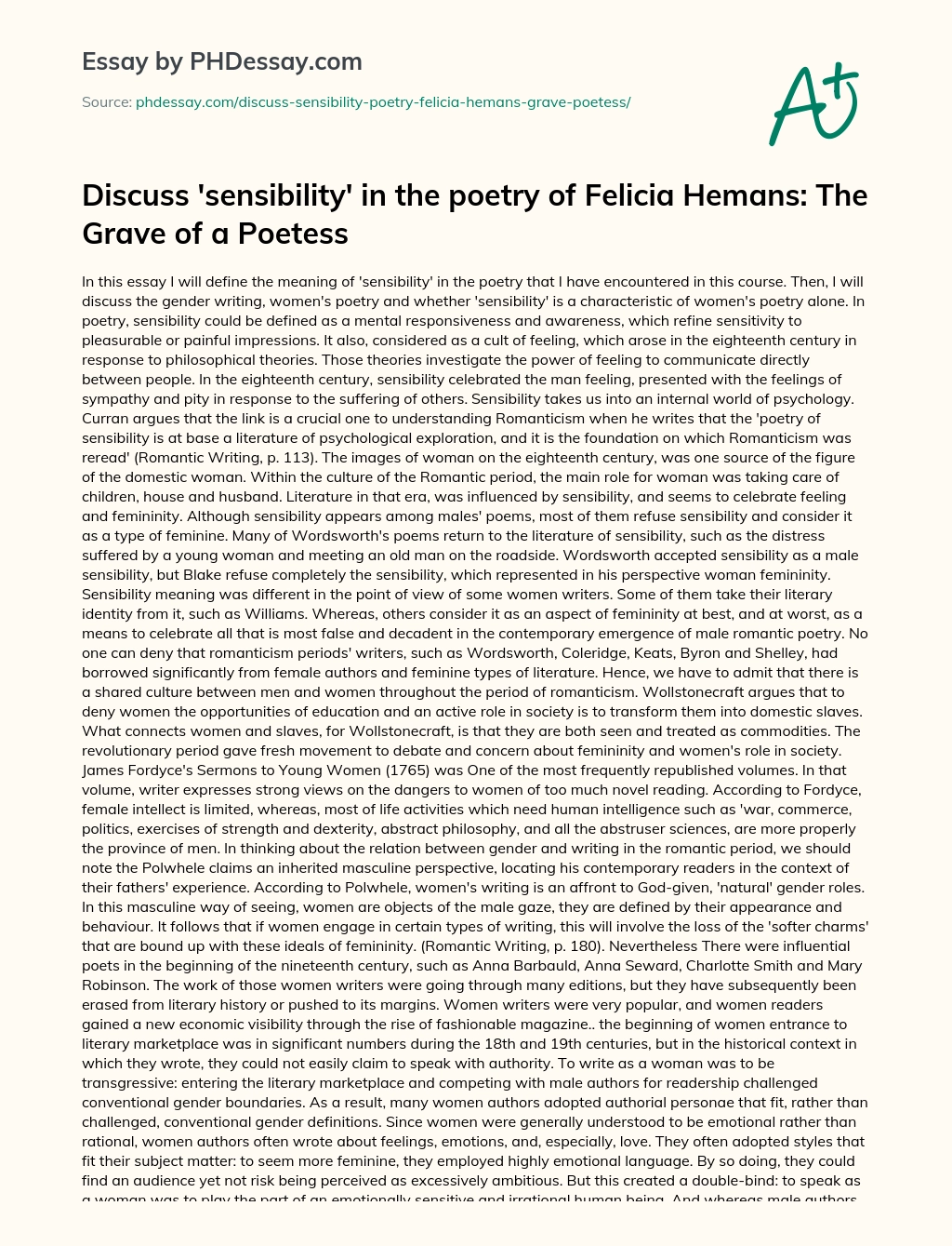 Discuss ‘sensibility’ in the poetry of Felicia Hemans: The Grave of a Poetess essay
