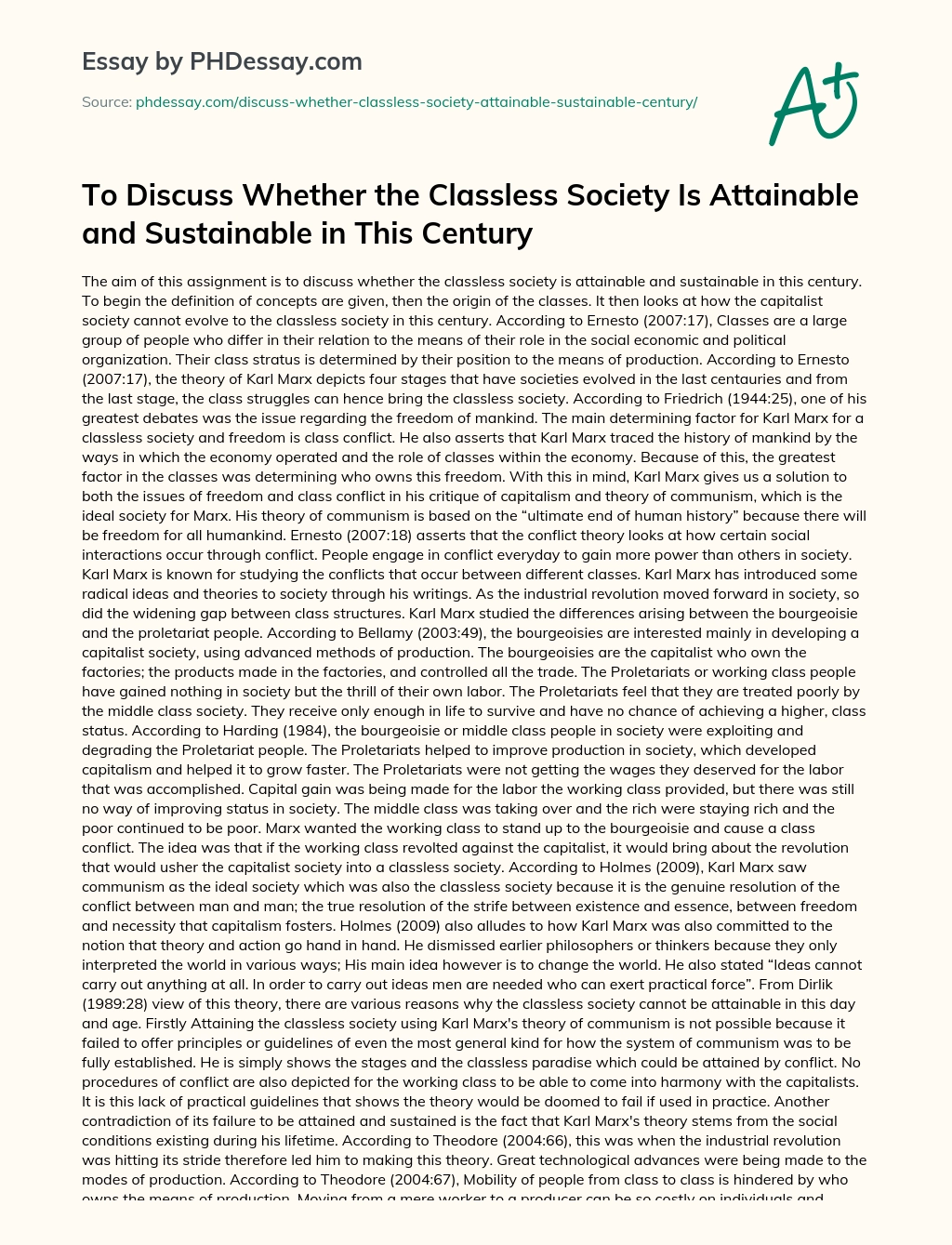 To Discuss Whether the Classless Society Is Attainable and Sustainable in This Century essay