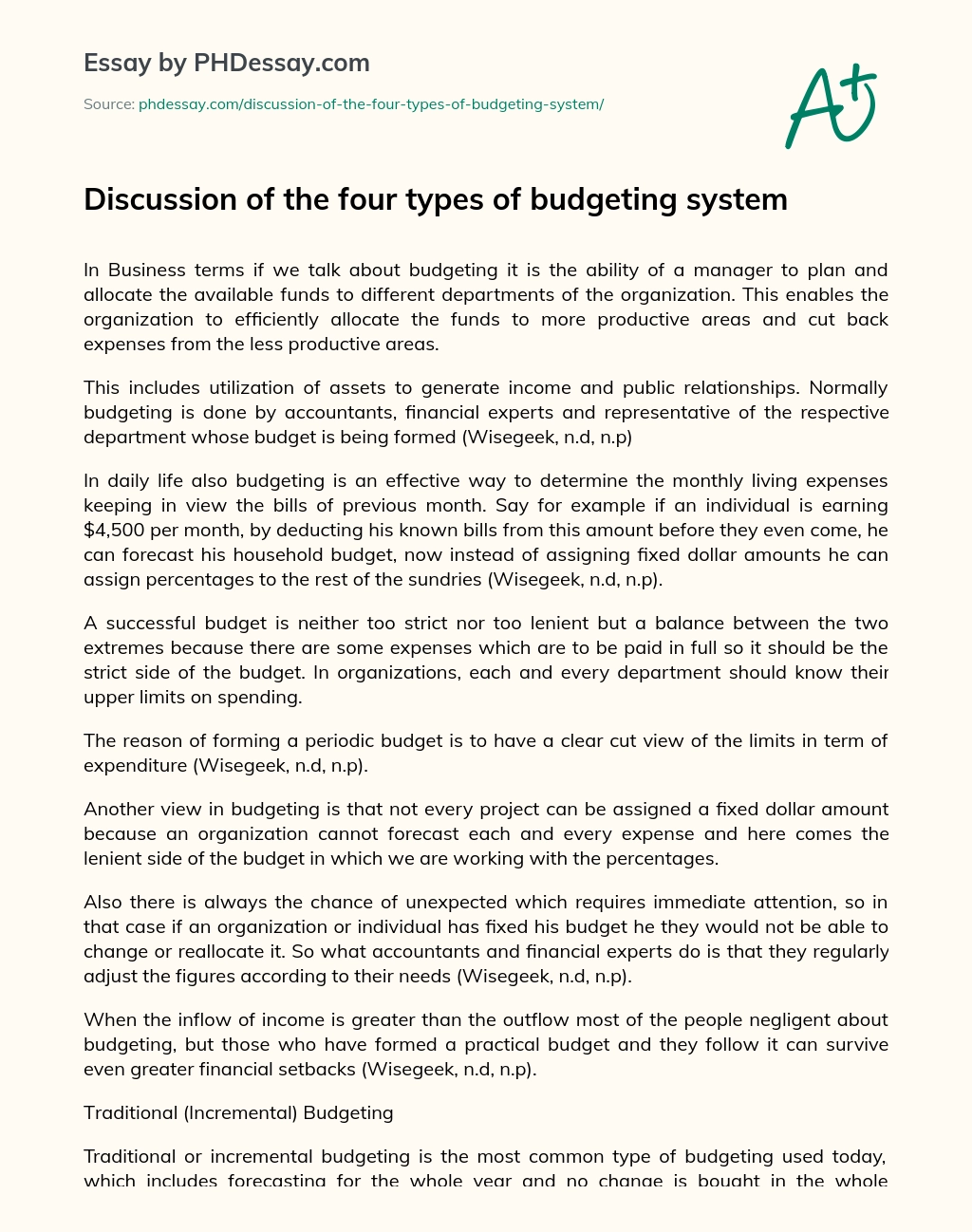 Discussion of the four types of budgeting system essay