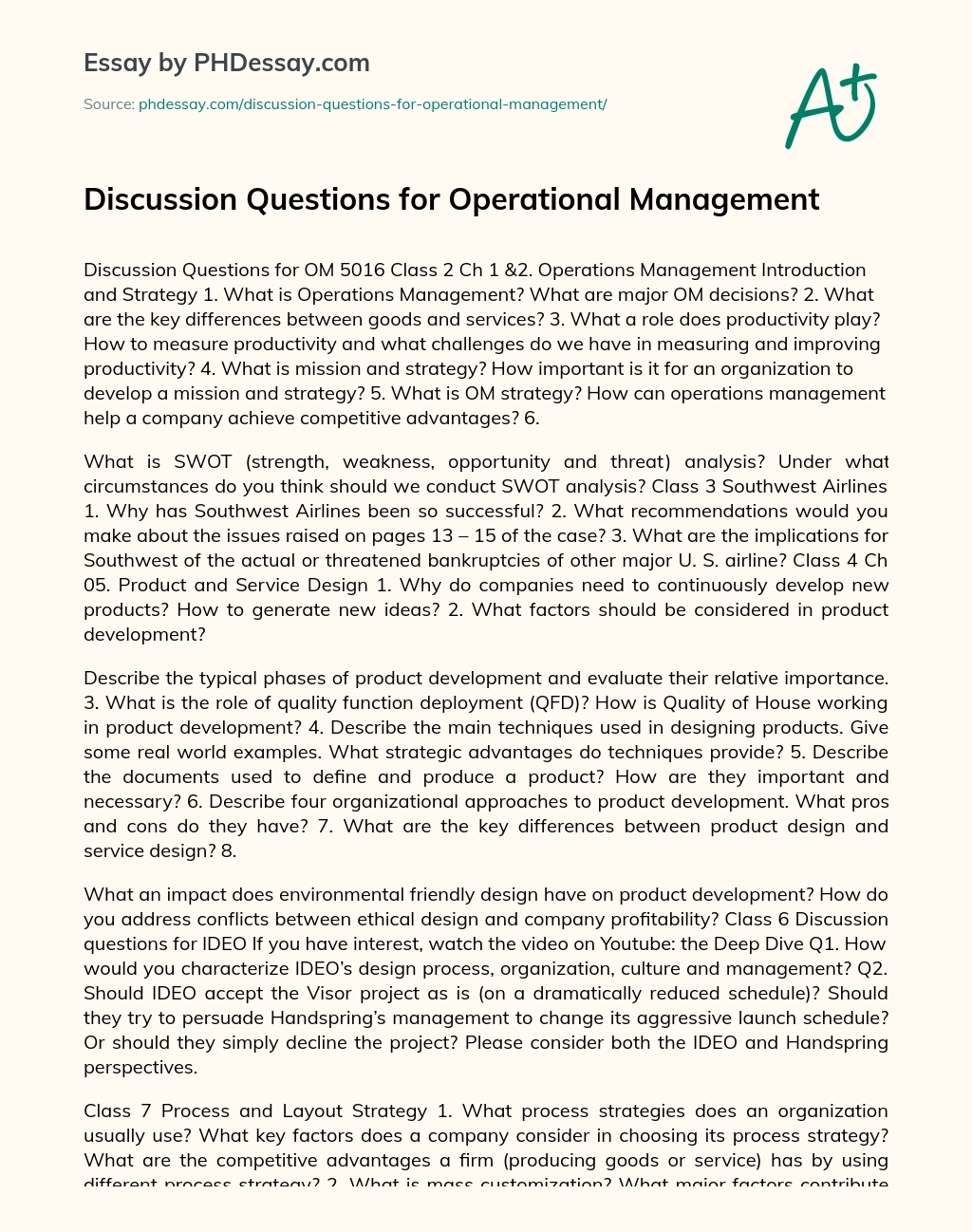Discussion Questions for Operational Management essay