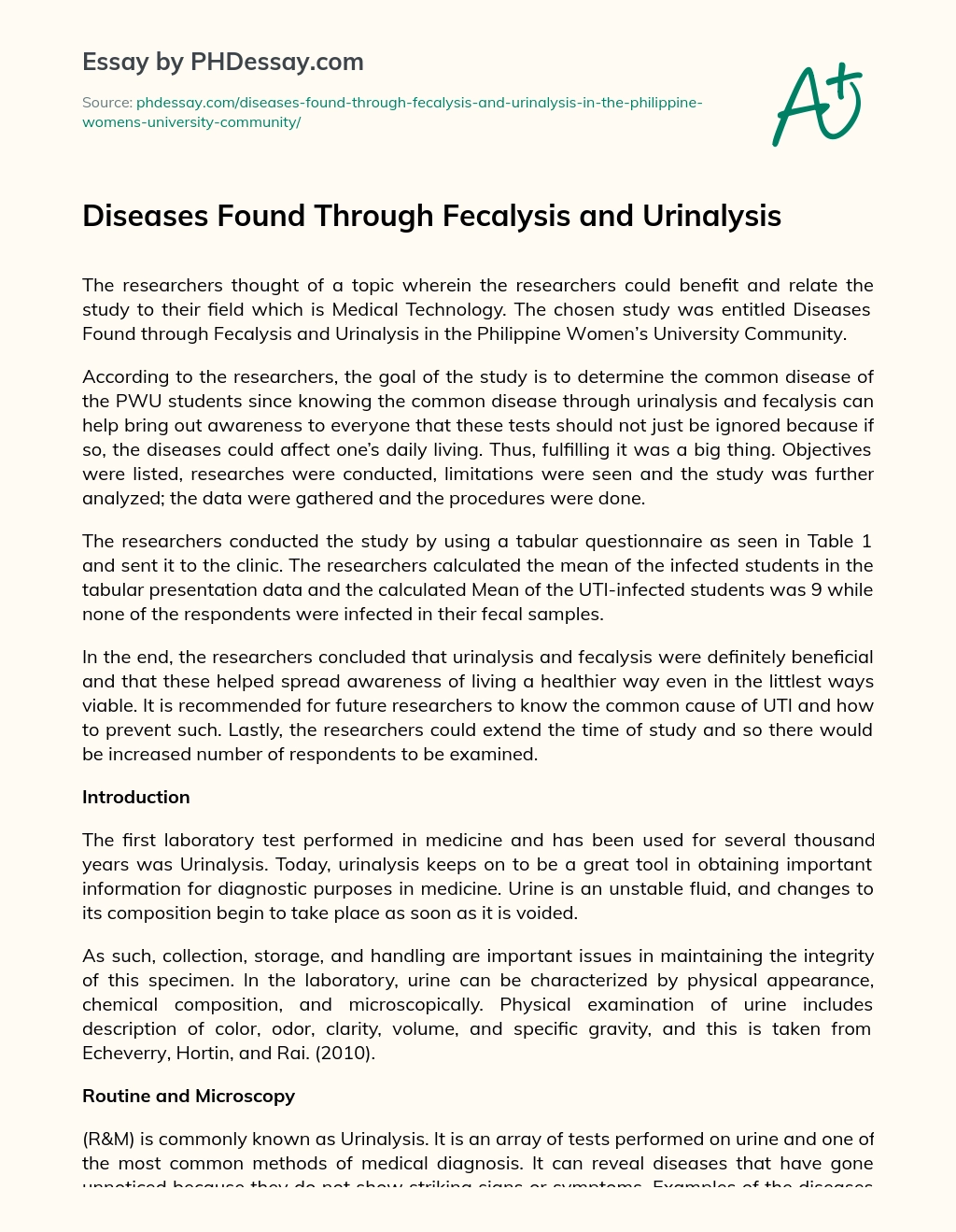 Diseases Found Through Fecalysis and Urinalysis essay