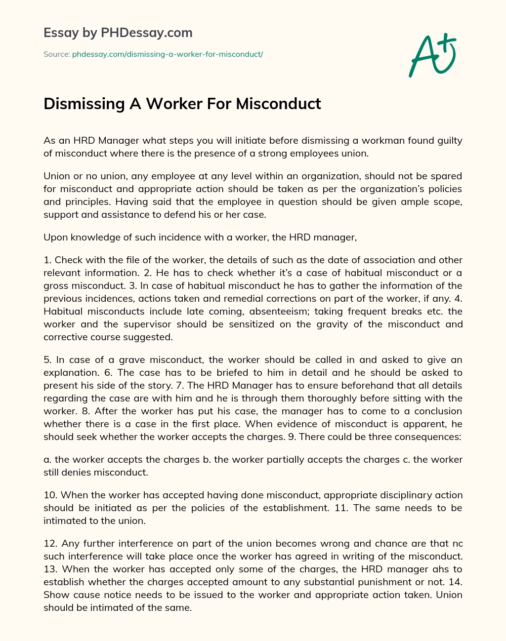 Dismissing A Worker For Misconduct essay