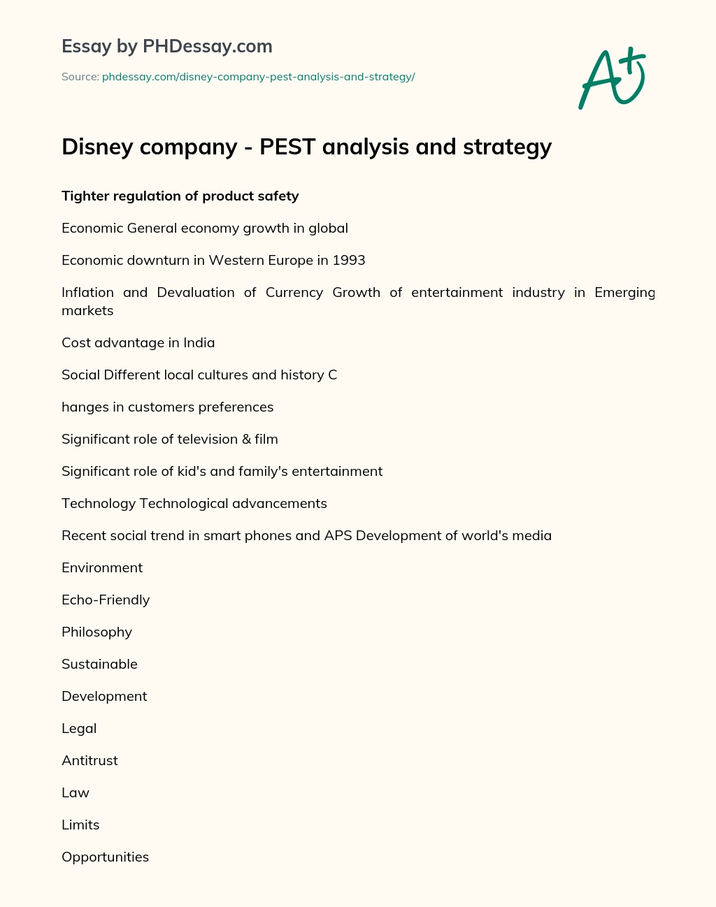 Disney company – PEST analysis and strategy essay