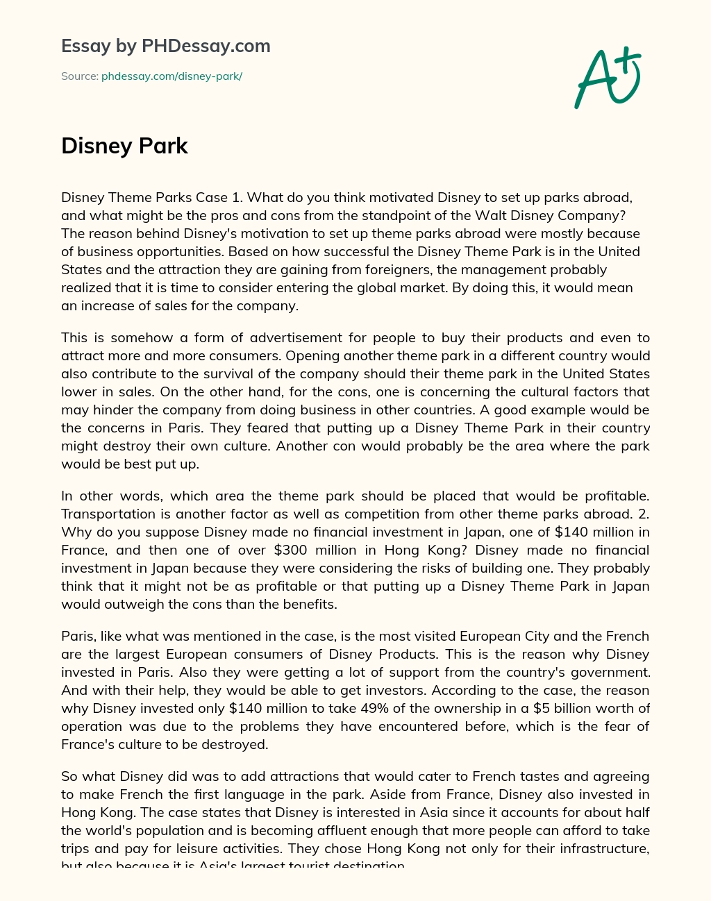 Pros and Cons of Disney Setting Up Theme Parks Abroad essay