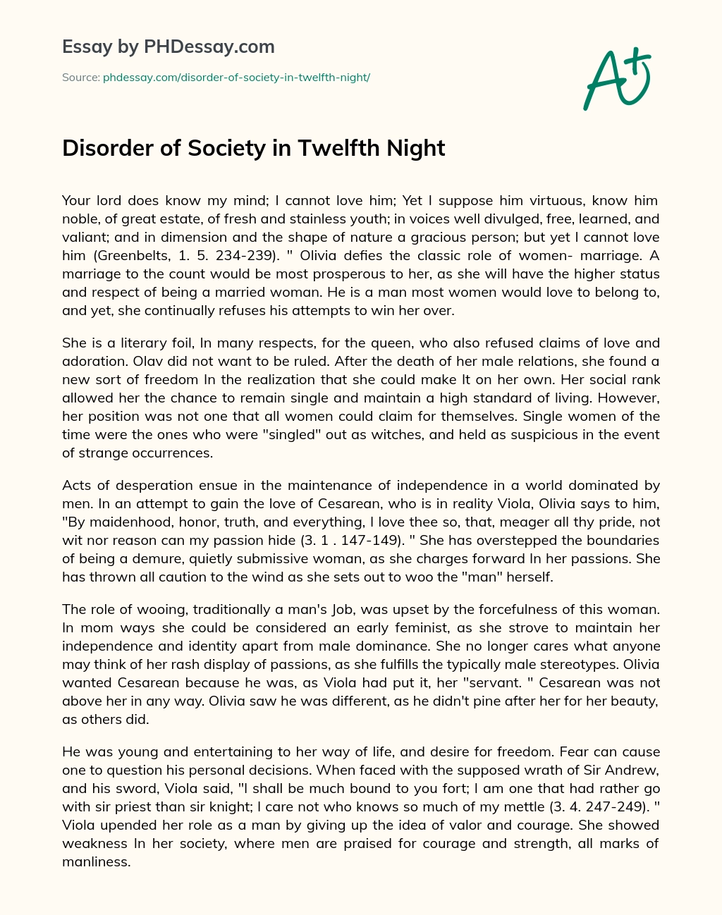 Disorder of Society in Twelfth Night essay