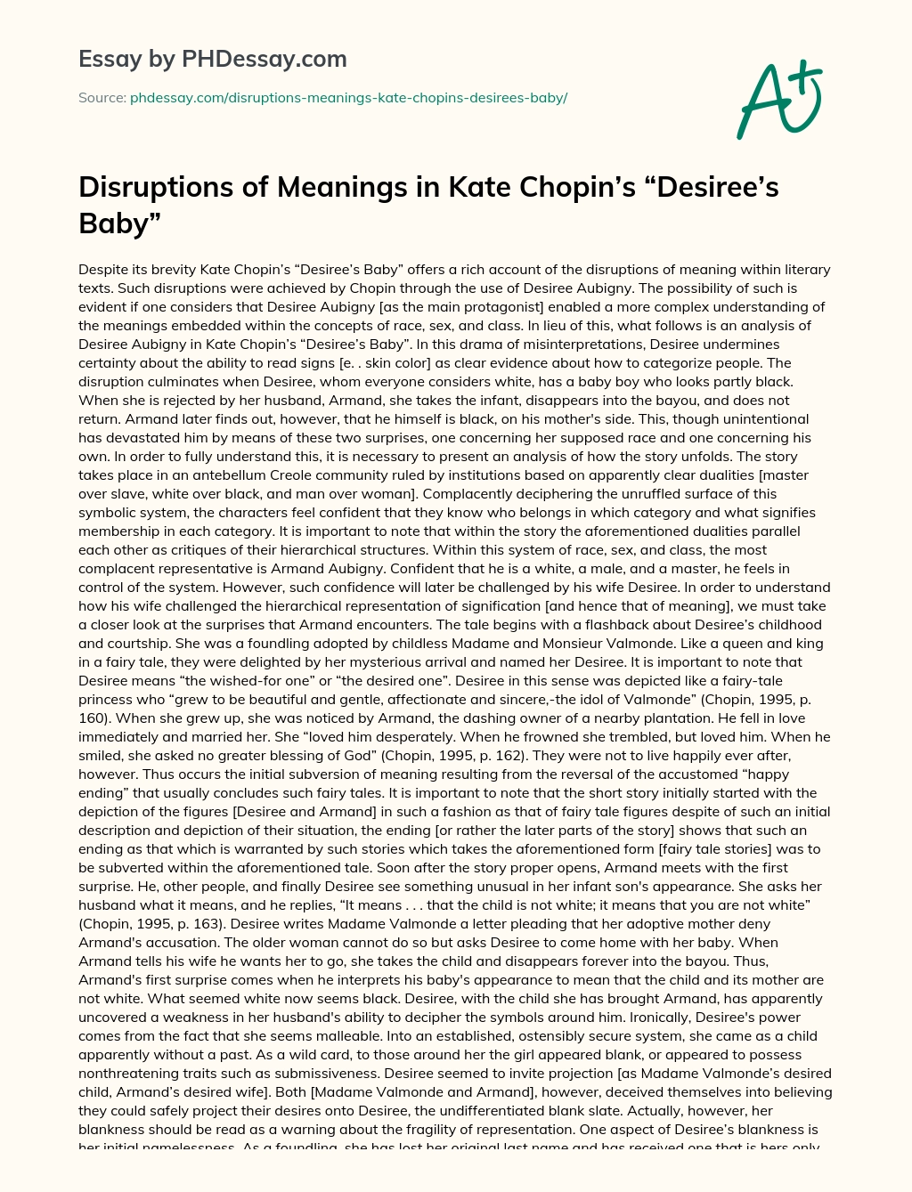 Disruptions of Meanings in Kate Chopin’s “Desiree’s Baby” essay
