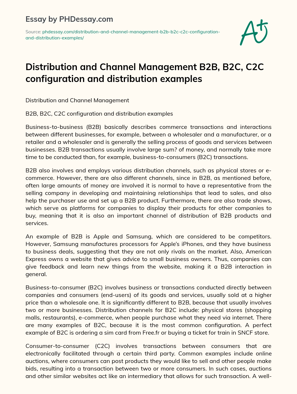 Distribution and Channel Management   B2B, B2C, C2C configuration and distribution examples essay