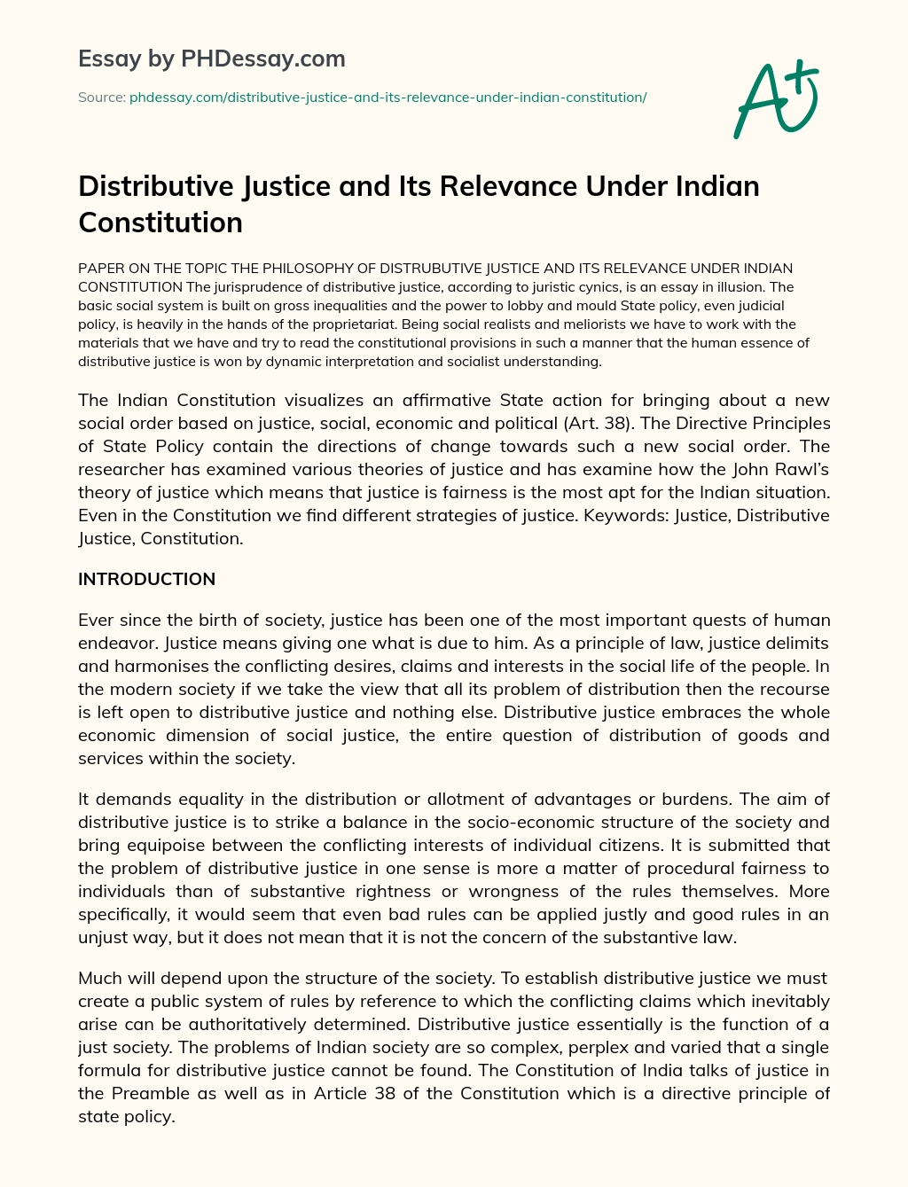 Distributive Justice and Its Relevance Under Indian Constitution essay