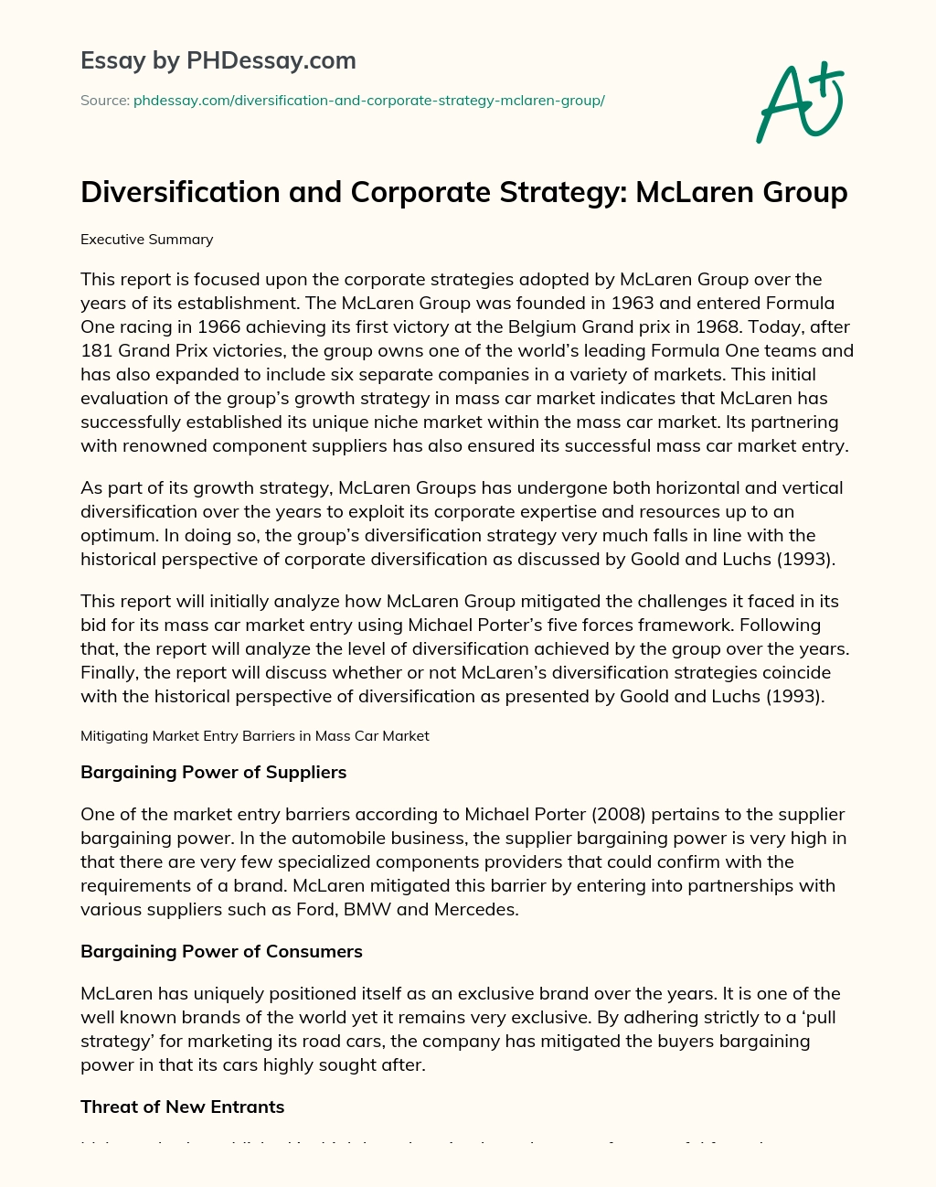 Diversification and Corporate Strategy: McLaren Group essay