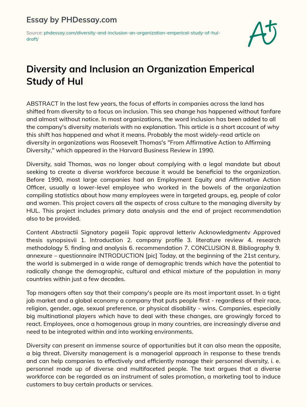 Diversity and Inclusion an Organization Emperical Study of Hul essay