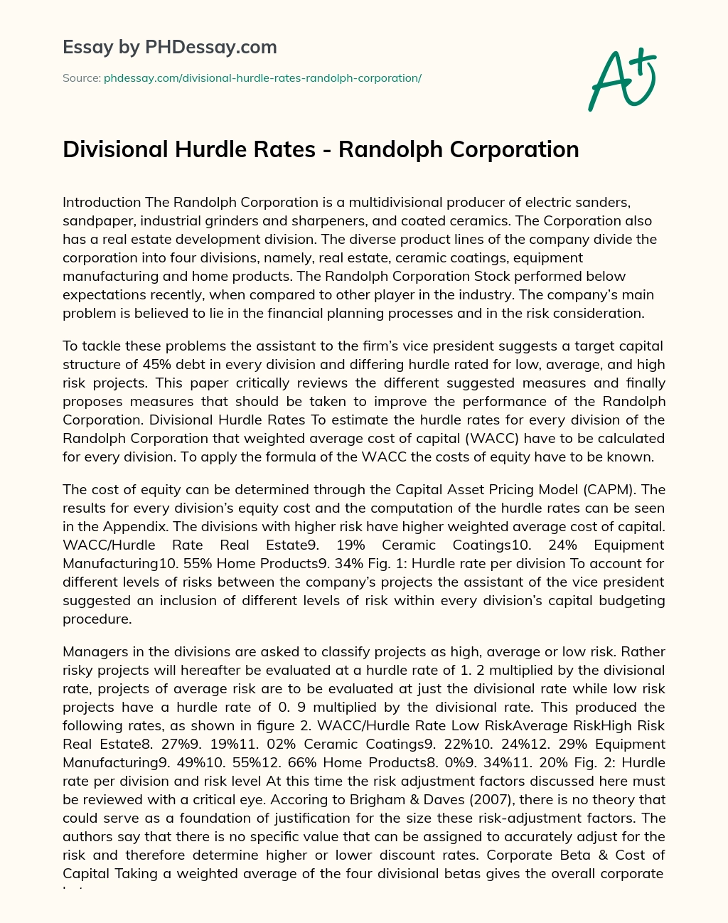 Divisional Hurdle Rates – Randolph Corporation essay