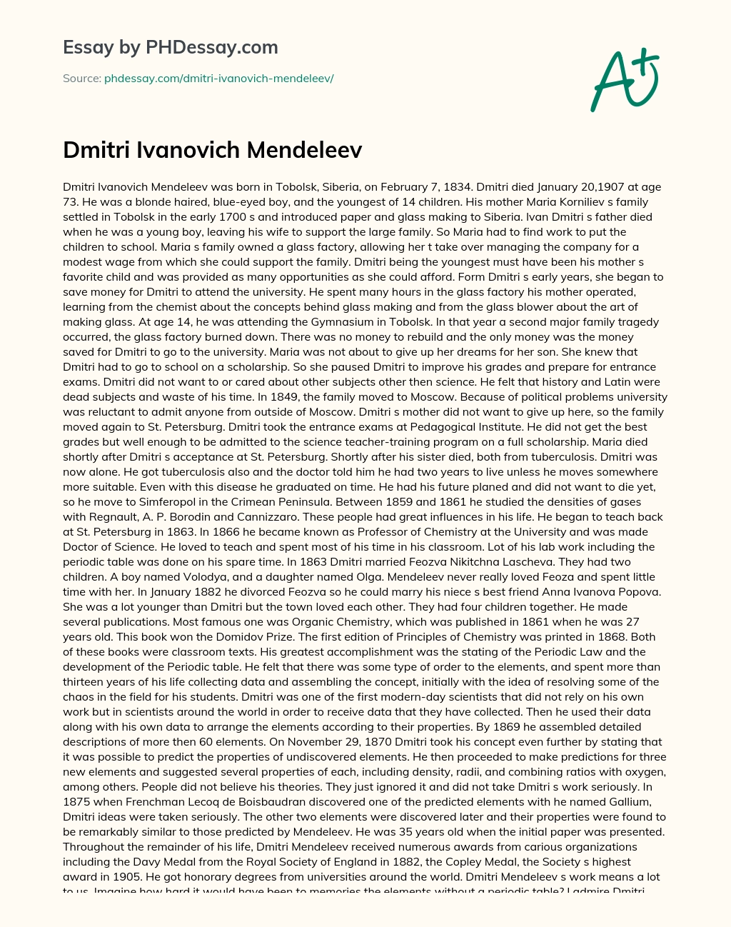 Реферат: Dmitri Ivanovich Mendeleev Essay Research Paper Dmitri